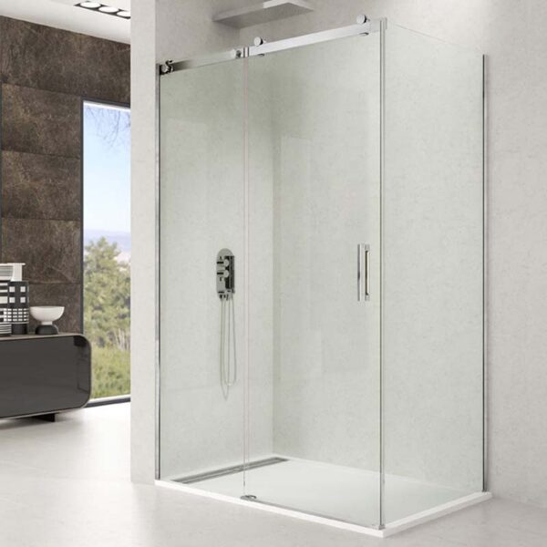Mampara de ducha angular con lateral de cristal fijo y corredera ROTARY - GME
