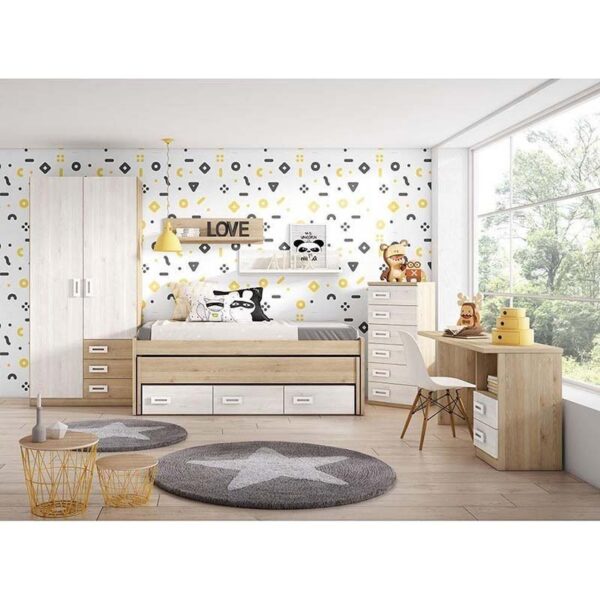 Dormitorio Pino Blanco Cama Nido, Armario y Mesa Twitter Pro