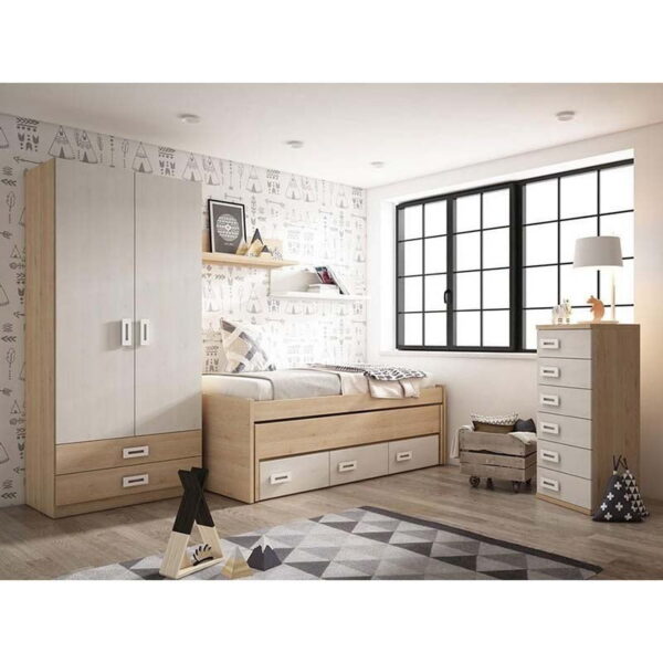 Dormtorio Twitter Pino Blanco Cama Nido y Armario 2 Cajones