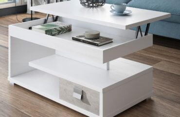 mesa centro elevable blanca con cajon roble